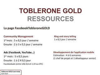 TOBLERONE GOLD
                         RESSOURCES
   La page FacebookTobleroneGOLD

   Community Management                         Blog and story telling
   1ermois : 5 x 0,5 jour / semaine             1 x 0,5 jour / semaine

   Ensuite : 2 à 3 x 0,5 jour / semaine

   Ads (Facebook, YouTube…)                     Développement de l’application mobile
   1er mois : 5 x 0,5 jours                     Estimation : 4 à 6 semaines
                                                (1 chef de projet et 1 développeur senior)
   Ensuite : 1 à 2 X 0,5 jour
   Facebookads (entre US$ 0,6 et 1,19 au CPC)


Toblerone GOLD case study
Gael Oizel
 