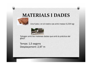 MATERIALS I DADES
Una fusta ( en el nostre cas amb massa 0,234 kg)
Tobogan amb les mateixes dades que amb la pràctica del
glaçó.
Temps: 1,5 segons
Desplaçament: 2,97 m
 