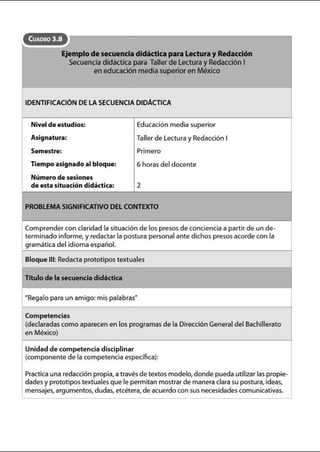 CuADR03.8 ~
Ejemplo de secuencia didáctica para Lectura y Redacción
Secuencia didáctica para Taller de Lectura yRedacción 1
en educación media superioren México
IDENTIFICACIÓN DE LA SECUENCIA DIDÁCTICA
Nivel de estudios: Educación media superior
Asignatura: Taller de Lectura y Redacción 1
Semestre: Primero
Tiempo asignado al bloque: 6 horas del docente
Número de sesiones
de esta situación didáctica: 2
PROBLEMA SIGNIFICATIVO DELCONTEXTO
Comprender con claridad la situación de los presos de conciencia a partir de un de-
terminado informe, yredactar la postura personal ante dichos presos acorde con la
gramática del idioma español.
Bloque 111: Redacta prototipos textuales
Título de la secuencia didáctica
•Regalo para un amigo: mis palabras"
Competencias
(declaradas como aparecen en los programas de la Dirección Generaldel Bachillerato
en México)
Unidad de competencia disciplinar
(componente de la competencia específica):
Practica una redacción propia, a través de textos modelo, donde pueda utilizar las propie-
dades y prototipos textuales que le permitan mostrar de manera clara su postura, ideas,
mensajes, argumentos, dudas, etcétera, deacuerdo con sus necesidades comunicativas.
 