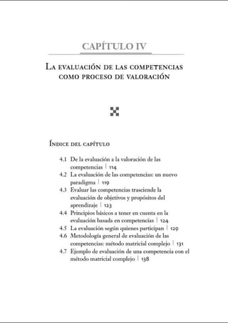CAPÍTULO IV
LAEVALUACIÓN DE LAS COMPET ENCIAS
COMO PROCESO DE VALORACIÓN
ÍNDICE DEL CAPÍT ULO
4.1 De la evaluación a la valoración de las
competencias 1 114
4.2 La evaluación de las competencias: un nuevo
paradigma 1 119
4.3 Evaluar las competencias trasciende la
evaluación de objetivos y propósitos del
aprendizaje 1 123
4.4 Principios básicos a tener en cuenta en la
evaluación basada en competencias 1 124
4.5 La evaluación según qwenes participan 1 129
4.6 Metodología general de evaluación de las
competencias: método matricial complejo 1 131
4.7 Ejemplo de evaluación de w1a competencia con el
método matricial complejo 1 138
 