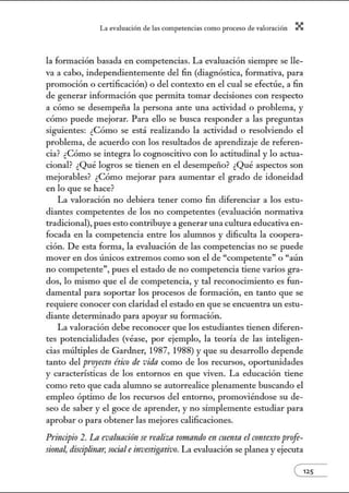 L~ ev:.lu~ción de bs competenci~s como proceso de vnlor~ción X
la formación basada en competencias. La evaluación siempre se lle-
va a cabo, independientemente del fin (diagnóstica, formativa, para
promoción o certificación) o del contexto en el cual se efectúe, a fin
de generar información que permita tomar decisiones con respecto
a cómo se desempeña la persona ante una actividad o problema, y
cómo puede mejorar. Para ello se busca responder a las preguntas
siguientes: ¿Cómo se está realizando la actividad o resolviendo el
problema, de acuerdo con los resultados de aprendizaje de referen-
cia? ¿Cómo se integra lo cognoscitivo con lo actitudinal y lo actua-
cional? ¿Qué logros se tienen en el desempeño? ¿Qué aspectos son
mejorables? ¿Cómo mejorar para aumentar el grado de idoneidad
en lo que se hace?
La valoración no debiera tener como fin diferenciar a los estu-
diantes competentes de los no competentes (evaluación normativa
tradicional), pues esto contribuye a generar una cultura educativa en-
focada en la competencia entre los alumnos y dificulta la coopera-
ción. De esta forma, la evaluación de las competencias no se puede
mover en dos únicos extremos como son el de "competente" o "aún
no competente", pues el estado de no competencia tiene varios gra-
dos, lo mismo que el de competencia, y tal reconocimiento es fun-
damental para soportar los procesos de formación, en tanto que se
requiere conocer con claridad el estado en que se encuentra un estu-
diante determinado para apoyar su fom1ación.
La valoración debe reconocer que los estudiantes tienen diferen-
tes potencialidades (véase, por ejemplo, la teoría de las inteligen-
cias múltiples de Gardner, 1987, 1988) y que su desarrollo depende
tanto del proyecto ético de vida como de los recursos, oportunidades
y características de los entornos en que viven. La educación tiene
como reto que cada alunmo se autorrealice plenamente buscando el
empleo óptimo de los recursos del entorno, promoviéndose su de-
seo de saber y el goce de aprender, y no simplemente estudiar para
aprobar o para obtener las mejores calificaciones.
Principio 2. La evaluación se realiza tomnrulo en menta el contextop¡·ofe-
sional, disciplir1nr, socialeinvestigativo. La evaluación se planea y ejecuta
e125
 