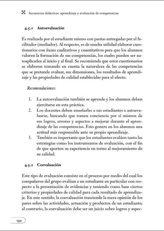 X Secuenci:ls did1ctic:Js: ~prendiz:.je yev:.lu~ción de competenci~s
4·5.1 Autoevaluación
Es realizada por el estudiante mismo con pautas entregadas por el fa-
cilitador (mediador). Al respecto, es de mucha utilidad elaborar cues-
tionarios con Ítems cualitativos y cuantitativos para que los alunmos
valoren la fonnación de sus competencias, los cuales pueden ser au-
toaplicados al inicio y al finaL Se recomienda que estos cuestionarios
se elaboren tomando en cuenta la naturaleza de las competencias
que se pretende evaluar, sus dimensiones, los resultados de aprendi-
zaje y las propiedades de calidad establecidas para el efecto.
RecomendnciiJnes:
l. La autoevaluación también se aprende y los alunmos deben
ejercitarse en esta práctica.
2. Los docentes deben enseñarles a sus estudiantes a autoeva-
luarse, buscando que tomen conciencia por sí mismos de
sus logros, errores y aspectos a mejorar durante el apren-
dizaje de las competencias. Esto genera en los alumnos una
actitud más responsable ante su propio aprendizaje.
3. "Gmbién es importante que los estudiantes evalúen tanto las
estrategias como los instrumentos de evaluación, con el fin
de que aporten su experiencia en torno al mejoranúento de
su calidad.
4·5·2 Coevaluación
Este tipo de evaluación consiste en el proceso por medio del cual los
compaí1eros del grupo evalúan a un estudiante en particular con res-
pecto a la presentación de evidencias y teniendo como base ciertos
criterios y propiedades de calidad para cada resultado de aprendiza-
je. En este sentido, la coevaluación trasciende la mera opinión de los
pares sobre las actividades, actuación y productos de un estudiante;
al contrario, la coevaluación debe ser un juicio sobre logros y aspec-
 
