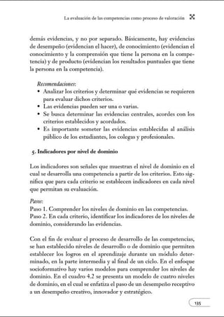 L~ ev:.lu~ción de bs competenci~s como proceso de vnlor~ción X
demás evidencias, y no por separado. Básicamente, hay evidencias
de desempeño (evidencian el hacer), de conocimiento (evidencian el
conocimiento y la comprensión que tiene la persona en la compe-
tencia) y de producto (evidencian los resultados puntuales que tiene
la persona en la competencia).
Recomendaciones:
• Analizar los criterios y deternúnar qué evidencias se requieren
para evaluar dichos criterios.
• Las evidencias pueden ser una o varias.
• Se busca detenninar las evidencias centrales, acordes con los
criterios establecidos y acordados.
• Es importante someter las evidencias establecidas al análisis
público de los estudiantes, los colegas y profesionales.
S· Indicadores por nivel de donúnio
Los indicadores son señales que muestran el nivel de dominio en el
cual se desarrolla w1a competencia a partir de los criterios. Esto sig-
nifica que para cada criterio se establecen indicadores en cada nivel
que permitan su evaluación.
Pnsos:
Paso l. Comprender los niveles de dominio en las competencias.
Paso 2. En cada criterio, identificar los indicadores de los rúveles de
donúnio, considerando las evidencias.
Con el fin de evaluar el proceso de desarrollo de las competencias,
se han establecido niveles de desarrollo o de dominio que permiten
establecer los logros en el aprendizaje durante un módulo deter-
minado, en la parte intermedia y al final de w1 ciclo. En el enfoque
socioformativo hay varios modelos para comprender los niveles de
donúnio. En el cuadro 4.2 se presenta un modelo de cuatro niveles
de dominio, en el cual se enfatiza el paso de un desempeño receptivo
a un desempeño creativo, innovador y estratégico.
e135
 