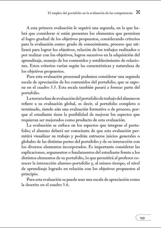 El empleo del port:lfolio en l:t e.vnlu:tción de l:ts competenci:ts X
A esta primera evaluación le seguirá una segunda, en la que ha-
brá que considerar si están presentes los elementos que permiten
el logro gradual de los objetivos propuestos, considerando criterios
para la evaluación como: grado de conocimiento, proceso que uti-
lizará para lograr los objetivos, relación de los trabajos realizados o
por realizar con los objetivos, logros sucesivos en la adquisición del
aprendizaje, manejo de los contenidos y establecimiento de relacio-
nes. Estos criterios varían según las características y naturaleza de
los objetivos propuestos.
Para esta evaluación procesual podemos considerar una segunda
escala de apreciación de los contenidos del portafolio, que se expo-
ne en el cuadro 5.5. Esta escala también pasará a fom1ar parte del
portafolio.
La tercera fasedeevaluación del portafoliodetrabajo del alunmose
refiere a su evaluación global, es decir, al portafolio completo o
terminado, siendo aún una evaluación formativa o de proceso, por-
que el estudiante tiene la posibilidad de mejorar los aspectos que
requieran ser mejorados como producto de esta evaluación.
La evaluación se enfoca en los aspectos que integran el porta-
folio; el alunmo deberá ser consciente de que esta evaluación per-
mitirá visualizar su trabajo y podrán extraerse juicios generales o
globales de las distintas partes del portafolio y de su interacción con
los diversos elementos incorporados. Es importante considerar las
explicaciones, argumentos o fundamentos del estudiante frente a los
distintos elementos de su portafolio, lo que pem1itirá al profesor co-
nocer la interacción alumno-portafolio y, al mismo tiempo, el nivel
de aprendizaje logrado en relación con los objetivos propuestos al
prmc1p1o.
Para esta evaluación se puede usar una escala de apreciación como
la descrita en el cuadro 5.6.
e159
 