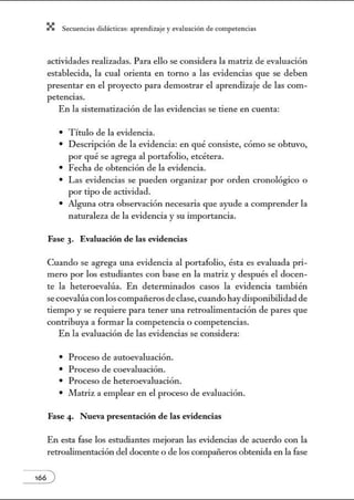 X Secuenci:ls did1ctic:Js: ~prendiz:.je yev:.lu~ción de competenci~s
actividades realizadas. Para ello se considera la matriz de evaluación
establecida, la cual orienta en tomo a las evidencias que se deben
presentar en el proyecto para demostrar el aprendizaje de las com-
petencias.
En la sistematización de las evidencias se tiene en cuenta:
• Título de la evidencia.
• Descripción de la evidencia: en qué consiste, cómo se obtuvo,
por qué se agrega al portafolio, etcétera.
• Fecha de obtención de la evidencia.
• Las evidencias se pueden organizar por orden cronológico o
por tipo de actividad.
• Alguna otra observación necesaria que ayude a comprender la
naturaleza de la evidencia y su importancia.
Fase 3· Evaluación de las evidencias
Cuando se agrega una evidencia al portafolio, ésta es evaluada pri-
mero por los estudiantes con base en la matriz y después el docen-
te la heteroevalúa. En detenninados casos la evidencia también
secoevalúa con loscompañeros de clase, cuando haydisponibilidadde
tiempo y se requiere para tener una retroalimentación de pares que
contribuya a formar la competencia o competencias.
En la evaluación de las evidencias se considera:
• Proceso de autoevaluación.
• Proceso de coevaluación.
• Proceso de heteroevaluación.
• lvlatriz a emplear en el proceso de evaluación.
Fase 4· Nueva presentación de las evidencias
En esta fase los estudiantes mejoran las evidencias de acuerdo con la
retroalimentación del docente o de los compaiieros obtetúda en la fase
 