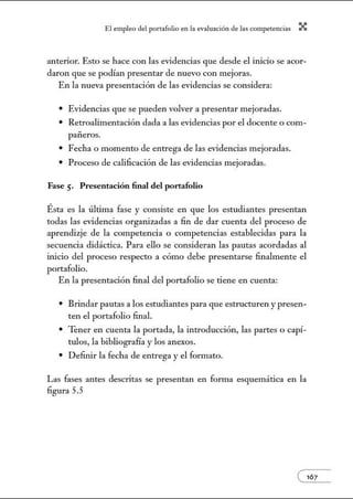 El empleo del port:lfolio en l:t e.vnlu:tción de l:ts competenci:ts X
anterior. Esto se hace con las evidencias que desde el inicio se acor-
daron que se podían presentar de nuevo con mejoras.
En la nueva presentación de las evidencias se considera:
• Evidencias que se pueden volver a presentar mejoradas.
• Retroalimentación dada a las evidencias por el docente o com-
pañeros.
• Fecha o momento de entrega de las evidencias mejoradas.
• Proceso de calificación de las evidencias mejoradas.
Fase 5. Presentación final del portafolio
Ésta es la última fase y consiste en que los estudiantes presentan
todas las evidencias organizadas a fin de dar cuenta del proceso de
aprendizje de la competencia o competencias establecidas para la
secuencia didáctica. Para ello se consideran las pautas acordadas al
inicio del proceso respecto a cómo debe presentarse finalmente el
portafolio.
En la presentación final del portafolio se tiene en cuenta:
• Brindar pautas a los estudiantes para que estructuren y presen-
ten el portafolio final.
• Tener en cuenta la portada, la introducción, las partes o capí-
tulos, la bibliografía y los anexos.
• Definir la fecha de entrega y el fom1ato.
Las fases antes descritas se presentan en forma esquemática en la
figura 5.5
e167
 