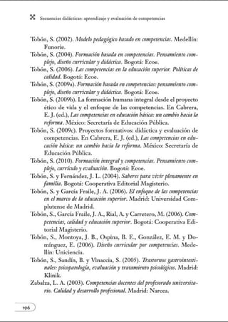 X Secuenci:ls did1ctic:Js: ~prendiz:.je yev:.lu~ción de competenci~s
Tobón, S. (2002). Modelo pedagógico basado en competencias. lvledellín:
Funorie.
Tobón, S. (2004). Forrnación basada en competencias. Pmsamiento com-
plejo, distiio curriculary didáctica. Bogotá: Ecoe.
Tobón, S. (2006). Lns competencias en la educación mperi01: Políticas de
calidad. Bogotá: Ecoe.
Tobón, S. (2009a). Forrnación basadaen crYmpetencias:pmsrrmiemoC011t-
plejo, diseíio curriculary didáctica. Bogotá: Ecoe.
Tobón, S. (2009b). La fom1ación humana integral desde el proyecto
ético de vida y el enfoque de las competencias. En Cabrera,
E.]. (ed.), Las competencias en educación básica:un canwio haciala
refomut.México: Secretaría de Educación Pública.
Tobón, S. (2009c). Proyectos formativos: didáctica y evaluación de
competencias. En Cabrera, E.]. (ed.), Las competencias en edu-
cación básica: un cambio hacia la refomza. lvléxico: Secretaría de
Educación Pública.
Tobón, S. (2010). Fomzación integraly competencias. Pmsamiento C011t-
plejo, currículoy roaluacirfn. Bogotá: Ecoe.
Tobón, S. y Fernández, J. L. (2004). Saberes para vivirplenamellte en
familia. Bogotá: Cooperativa Editorial Magisterio.
Tobón, S. y García Fraile,]. A. (2006). El enfoque de las competencias
en el marco de la educación mperior. lvladrid: Universidad Com-
plutense de Madrid.
Tobón, S., García Fraile,J. A., Rial, A. y Carretero, M. (2006). Com-
petencias, calidady educación mperior. Bogotá: Cooperativa Edi-
toriallvlagisterio.
Tobón, S., Montoya, J. B., Ospina, B. E., González, E. M. y Do-
mínguez, E. (2006). Distiio mrricular por competencias. Jllede-
llín: Uniciencia.
Tobón, S., Sandú1, B. y Vmaccia, S. (2005). Trastornos gastrointesti-
nales: psicopatología, roaluacióny tratamiento psicológicos. Jlladrid:
Klinik.
Zabalza, L. A. (2003). Competencias docentes delprofesoradotmivmita-
rio. Calidady desfl'rrollo profesional. Madrid: Narcea.
 