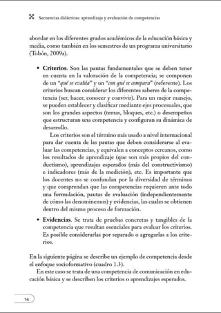 X Secuenci:ls did1ctic:Js: ~prendiz:.je yev:.lu~ción de competenci~s
abordar en los diferentes grados académicos de la educación básica y
media, como también en los semestres de un programa universitario
(Tobón, 2009a).
• Criterios. Son las pautas fundamentales que se deben tener
en cuenta en la valoración de la competencia; se componen
de un "quése evnhín" y un "con qnése crmtpttrn" (referente). Los
criterios buscan considerar los diferentes saberes de la compe-
tencia (ser, hacer, conocer y convivir). Para un mejor manejo,
se pueden establecer y clasificar mediante ejes procesuales, que
son los grandes aspectos (temas, bloques, etc.) o desempeiios
que estructuran una competencia y configuran su dinámica de
desarrollo.
Los criterios son el término más usado a nivel internacional
para dar cuenta de las pautas que deben considerarse al eva-
luar las competencias, y equivalen a conceptos cercanos, como
los resultados de aprendizaje (que son más propios del con-
ductismo), aprendizajes esperados (más del constructivismo)
e indicadores (más de la medición), etc. Es importante que
los docentes no se confundan por la diversidad de términos
y que comprendan que las competencias requieren ante todo
tma formulación, pautas de evaluación (independientemente
de cómo las denonúnemos) yevidencias, las cuales se obtienen
dentro del mismo proceso de fonnación.
• Evidencias. Se trata de pruebas concretas y tangibles de la
competencia que resultan esenciales para evaluar los criterios.
Es posible considerarlas por separado o agregarlas a los crite-
rtos.
En la siguiente página se describe un ejemplo de competencia desde
el enfoque socioformativo (cuadro 1.3).
En este caso se trata de una competencia de comunicación en edu-
cación básica y se describen los criterios o aprendizajes esperados.
 