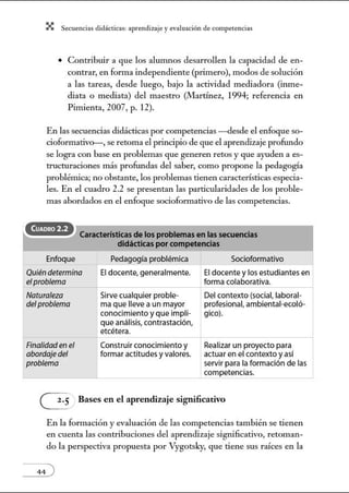 X Secuenci:ls did1ctic:Js: ~prendiz:.je yev:.lu~ción de competenci~s
• Contribuir a que los alunmos desarrollen la capacidad de en-
contrar, en forma independiente (primero), modos de solución
a las tareas, desde luego, bajo la actividad mediadora (inme-
diata o mediata) del maestro (Martínez, 1994; referencia en
Pimienta, 2007, p. 12).
En las secuencias didácticas por competencias --desde el enfoque so-
cioformativo-, se retoma el principio de que el aprendizaje proftmdo
se logra con base en problemas que generen retos y que ayuden a es-
tructuraciones más proftmdas del saber, como propone la pedagogía
problémica; no obstante, los problemas tienen características especia-
les. En el cuadro 2.2 se presentan las particularidades de los proble-
mas abordados en el enfoque sociofonnativo de las competencias.
CuADRO 2.2
Características de losproblemas en las secuencias
didácticas por competencias
Enfoque
Quién determina
elproblema
Naturaleza
delproblema
Finalidaden el
abordajedel
problema
Pedagogía problémica
El docente, generalmente.
> -
Sirve cualquier proble-
ma que lleve a un mayor
conocimiento yque impli-
que análisis, contrastación,
etcétera.
Construirconocimiento y
fonnar actitudes yvalores.
Socioformativo
El docente ylos estudiantes en
forma colaboratíva.
Del contexto (social, laboral-
profesional, ambiental-ecoló-
gico).
- ~Realizar un proyecto para
actuar en el contexto yasí
servir para la formación de las
competencias.
G Bases en el aprendizaje significativo
En la formación y evaluación de las competencias también se tienen
en cuenta las contribuciones del aprendizaje significativo, retoman-
do la perspectiva propuesta por Vygotsky, que tiene sus raíces en la
 