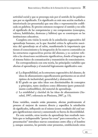 8:1ses reóric:1s y filosófic:1s de b form:1ción de bs comperenci:1s X
actividad social y que se preocupa más por el sentido de las palabras
que por su significado. Un significado es más una acción mediada e
interiorizada (re-presentada) que una idea o representación codifi-
cada en palabras. Es preciso entonces recuperar el sentido y no sólo
el significado de las competencias y sus componentes (conceptos,
valores, habilidades, destrezas y hábitos) que se construyen en las
instituciones educativas.
Completa esta visión la teoría de la asimilación cognoscitiva del
aprendizaje humano, en la que Ausubel critica la aplicación mecá-
nica del aprendizaje en el salón, manifestando la importancia que
tienen el conocimiento y la integración de los nuevos contenidos en
las estructuras cognoscitivas previas del alumno, y su carácter refe-
rido a las situaciones socialmente significativas, donde el lenguaje es
el sistema básico de comunicación y transmisión de conocimientos.
En correspondencia con esta teoría, las principales variables que
afectan el aprendizaje y el material lógicamente significativo son:
a) La disponibilidad, en la estructura cognoscitiva del alunmo, de
ideas de afianzamiento específicamente pertinentes en un nivel
óptimo de inclusividad, generalidad y abstracción.
b) El grado en que tales ideas son discriminables de conceptos
y principios, tanto similares como diferentes (pero potencial-
mente confundibles), del material de aprendizaje.
e) La estabilidad y claridad de las ideas de afianzamiento (Au-
subel, 1997; referencia en Pimienta, 2007, p. 13).
Estas variables, cuando están presentes, afectan positivamente el
proceso al mejorar de manera directa y específica la asimilación
de significados, influyendo en el mismo (como resultado del cual sur-
gen significaciones nuevas) y aumentando su fuerza de disociabilidad.
En este sentido, otras teorías de aprendizaje han resaltado tam-
bién que es indispensable "pensar las cosas" para conocerlas; su "re-
presentación" introduce nuevas conexiones entre ellas y el hombre
y, aunque ausentes, les permite estar presentes, estableciendo otras
 