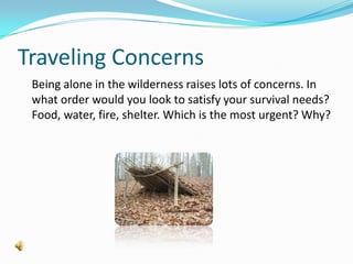 Traveling Concerns	Being alone in the wilderness raises lots of concerns. In what order would you look to satisfy your survival needs? Food, water, fire, shelter. Which is the most urgent? Why?