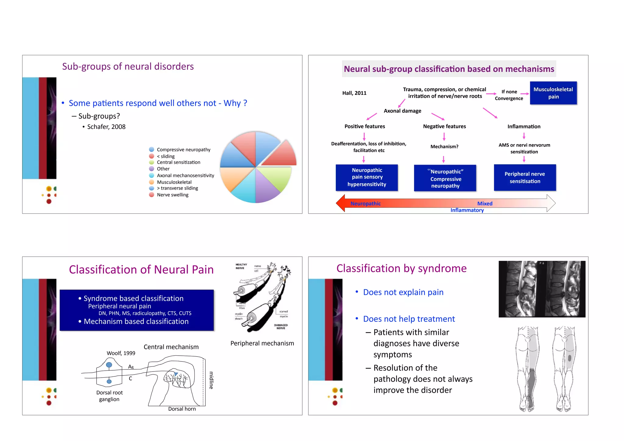 Sub-groups	of	neural	disorders
• Some	pacents	respond	well	others	not	-	Why	?	
– Sub-groups?	
• Schafer,	2008
Compressive	neuropathy
	sliding
Central	sensiczacon
Other
Axonal	mechanosensicvity
Musculoskeletal
	transverse	sliding
Nerve	swelling
Neural	sub-group	classiﬁcaEon	based	on	mechanisms
Trauma,	compression,	or	chemical	
irritaEon	of	nerve/nerve	roots
Neuropathic	
pain	sensory	
hypersensiEvity
InﬂammaEon	
Peripheral	nerve	
sensiEsaEon
NegaEve	featuresPosiEve	features
“Neuropathic”	
Compressive	
neuropathy
Musculoskeletal		
pain
DeaﬀerentaEon,	loss	of	inhibiEon,	
facilitaEon	etc
AMS	or	nervi	nervorum	
sensiEzaEon
If	none
Convergence
Axonal	damage
Neuropathic							 	 																																	 Mixed																																				
	 	 Inﬂammatory
Mechanism?
Hall,	2011
Classification	of	Neural	Pain
•	Syndrome	based	classification	
Peripheral	neural	pain	
DN,	PHN,	MS,	radiculopathy,	CTS,	CUTS	
•	Mechanism	based	classification
Aß
C
Dorsal	root	
ganglion
Dorsal	horn
midline
Woolf,	1999
Central	mechanism
Peripheral	mechanism
Classification	by	syndrome
• Does	not	explain	pain	
• Does	not	help	treatment	
– Patients	with	similar	
diagnoses	have	diverse	
symptoms	
– Resolution	of	the	
pathology	does	not	always	
improve	the	disorder	
 