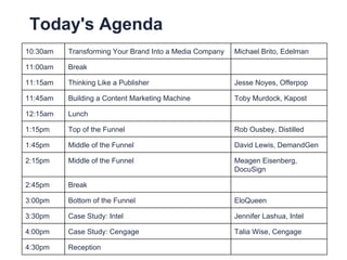 Today's Agenda
10:30am   Transforming Your Brand Into a Media Company   Michael Brito, Edelman

11:00am   Break

11:15am   Thinking Like a Publisher                      Jesse Noyes, Offerpop

11:45am   Building a Content Marketing Machine           Toby Murdock, Kapost

12:15am   Lunch

1:15pm    Top of the Funnel                              Rob Ousbey, Distilled

1:45pm    Middle of the Funnel                           David Lewis, DemandGen

2:15pm    Middle of the Funnel                           Meagen Eisenberg,
                                                         DocuSign

2:45pm    Break

3:00pm    Bottom of the Funnel                           EloQueen

3:30pm    Case Study: Intel                              Jennifer Lashua, Intel

4:00pm    Case Study: Cengage                            Talia Wise, Cengage

4:30pm    Reception
 