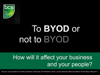 To BYOD or
not to BYOD
How will it affect your business
and your people?
Sources: Cisco Systems, Forrester, Aberdeen, Dell Quest, ICP Networks, Harris, Juniper Networks Malicious Mobile Threats Report May 2011
 