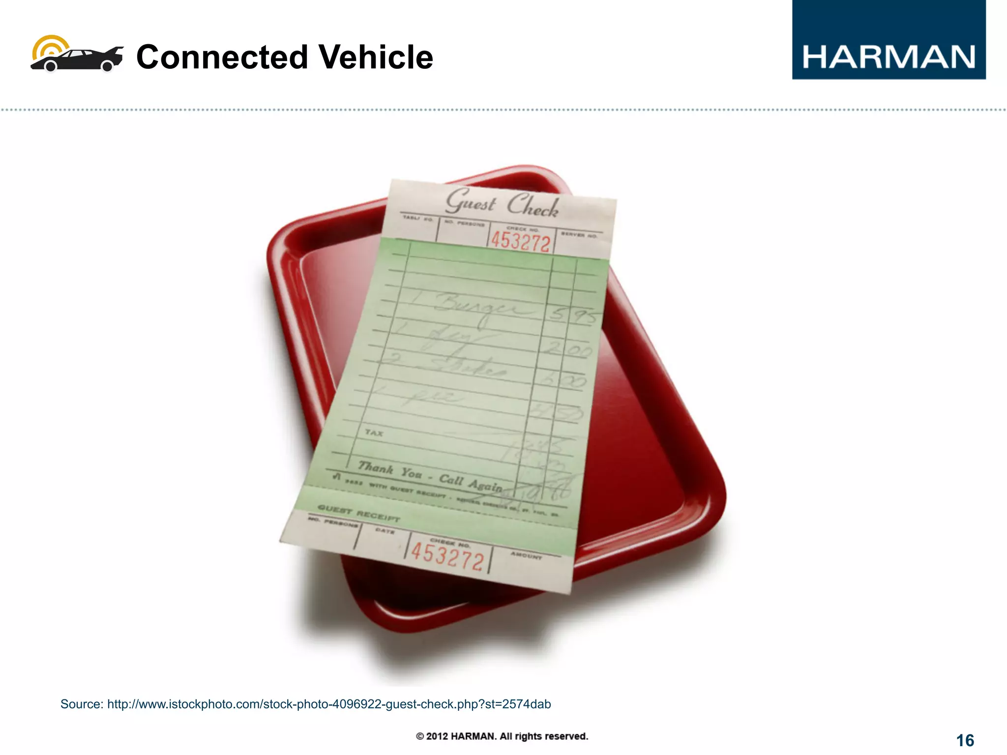 16
Source: http://www.istockphoto.com/stock-photo-4096922-guest-check.php?st=2574dab
Connected Vehicle