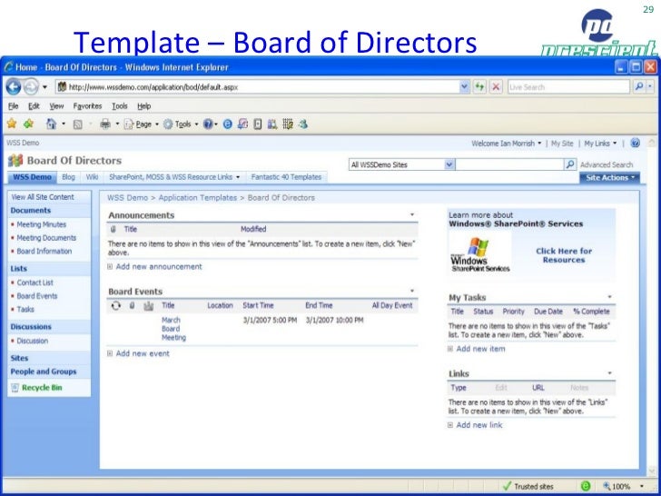 Sharepoint Board Of Directors Template Sharepoint Moss 2007 Pros Cons By Toby Ward Prescient Digital Media Sharepoint Board Of Directors Template Sharepoint Moss 2007 Pros Cons By Toby Ward Prescient Digital Media