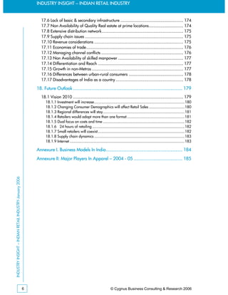 INDUSTRY INSIGHT – INDIAN RETAIL INDUSTRY


                                                                17.6 Lack of basic & secondary infrastructure ..................................................... 174
                                                                17.7 Non Availability of Quality Real estate at prime locations............................. 174
                                                                17.8 Extensive distribution network..................................................................... 175
                                                                17.9 Supply chain issues ................................................................................... 175
                                                                17.10 Revenue considerations ........................................................................... 175
                                                                17.11 Economies of trade.................................................................................. 176
                                                                17.12 Managing channel conflicts ..................................................................... 176
                                                                17.13 Non Availability of skilled manpower ....................................................... 177
                                                                17.14 Differentiation and Reach ........................................................................ 177
                                                                17.15 Growth in non-Metros ............................................................................. 177
                                                                17.16 Differences between urban-rural consumers .............................................. 178
                                                                17.17 Disadvantages of India as a country ......................................................... 178

                                                             18. Future Outlook ................................................................................... 179
                                                                18.1 Vision 2010 ............................................................................................. 179
                                                                   18.1.1 Investment will increase....................................................................................180
                                                                   18.1.2 Changing Consumer Demographics will affect Retail Sales .................................180
                                                                   18.1.3 Regional differences will stay............................................................................181
                                                                   18.1.4 Retailers would adapt more than one format......................................................181
                                                                   18.1.5 Dual focus on costs and time ............................................................................182
                                                                   18.1.6 24 hours of retailing ......................................................................................182
                                                                   18.1.7 Small retailers will coexist.................................................................................182
                                                                   18.1.8 Supply chain dynamics ....................................................................................183
                                                                   18.1.9 Internet ...........................................................................................................183

                                                             Annexure I. Business Models In India.......................................................... 184
                                                             Annexure II: Major Players In Apparel – 2004 - 05 ..................................... 185
INDUSTRY INSIGHT – INDIAN RETAIL INDUSTRY-January 2006




                                                         6                                                                 © Cygnus Business Consulting & Research 2006
 