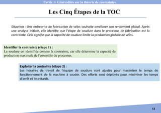 Les Cinq Étapes de la TOC
11
Partie 1: Généralités sur la théorie de contraintes
Situation : Une entreprise de fabrication de vélos souhaite améliorer son rendement global. Après
une analyse initiale, elle identifie que l'étape de soudure dans le processus de fabrication est la
contrainte. Cela signifie que la capacité de soudure limite la production globale de vélos.
Identifier la contrainte (étape 1) :
La soudure est identifiée comme la contrainte, car elle détermine la capacité de
production maximale de l'ensemble du processus.
Exploiter la contrainte (étape 2) :
Les horaires de travail de l'équipe de soudure sont ajustés pour maximiser le temps de
fonctionnement de la machine à souder. Des efforts sont déployés pour minimiser les temps
d'arrêt et les retards.
 
