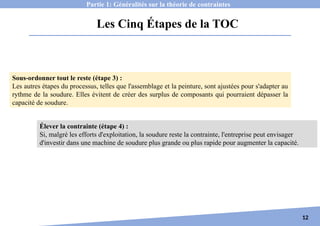 Les Cinq Étapes de la TOC
12
Partie 1: Généralités sur la théorie de contraintes
Élever la contrainte (étape 4) :
Si, malgré les efforts d'exploitation, la soudure reste la contrainte, l'entreprise peut envisager
d'investir dans une machine de soudure plus grande ou plus rapide pour augmenter la capacité.
Sous-ordonner tout le reste (étape 3) :
Les autres étapes du processus, telles que l'assemblage et la peinture, sont ajustées pour s'adapter au
rythme de la soudure. Elles évitent de créer des surplus de composants qui pourraient dépasser la
capacité de soudure.
 