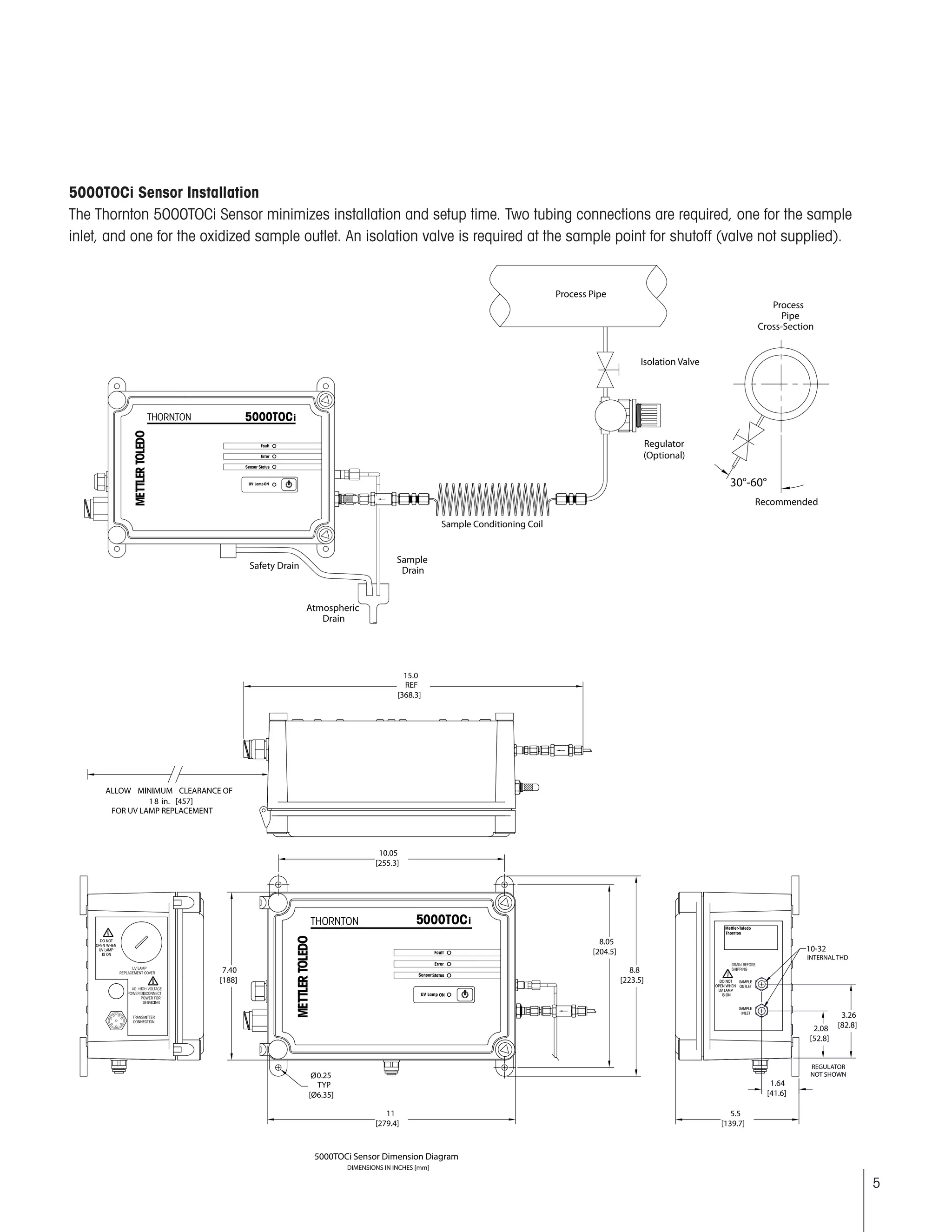 5
5000TOCi Sensor Dimension Diagram
5000TOCi Sensor Installation
The Thornton 5000TOCi Sensor minimizes installation and setup time. Two tubing connections are required, one for the sample
inlet, and one for the oxidized sample outlet. An isolation valve is required at the sample point for shutoff (valve not supplied).
 