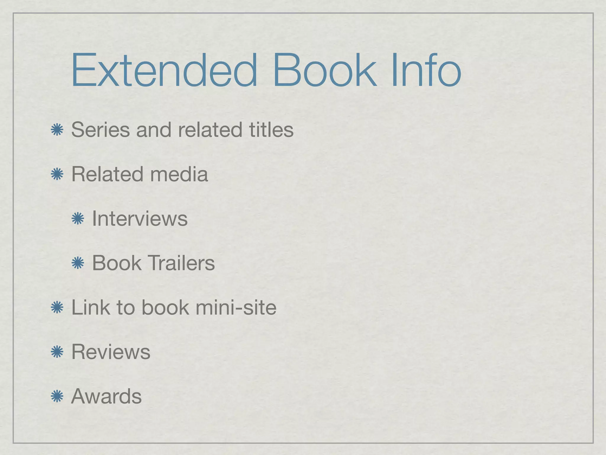 Extended Book Info
Series and related titles

Related media

  Interviews

  Book Trailers

Link to book mini-site

Reviews

Awards
 