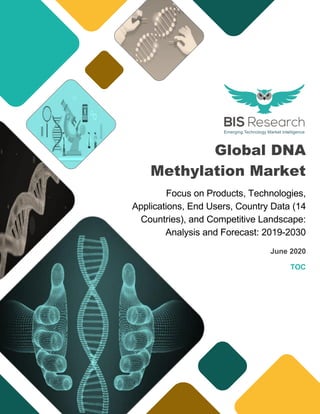 Global DNA
Methylation Market
Focus on Products, Technologies,
Applications, End Users, Country Data (14
Countries), and Competitive Landscape:
Analysis and Forecast: 2019-2030
June 2020
TOC
 