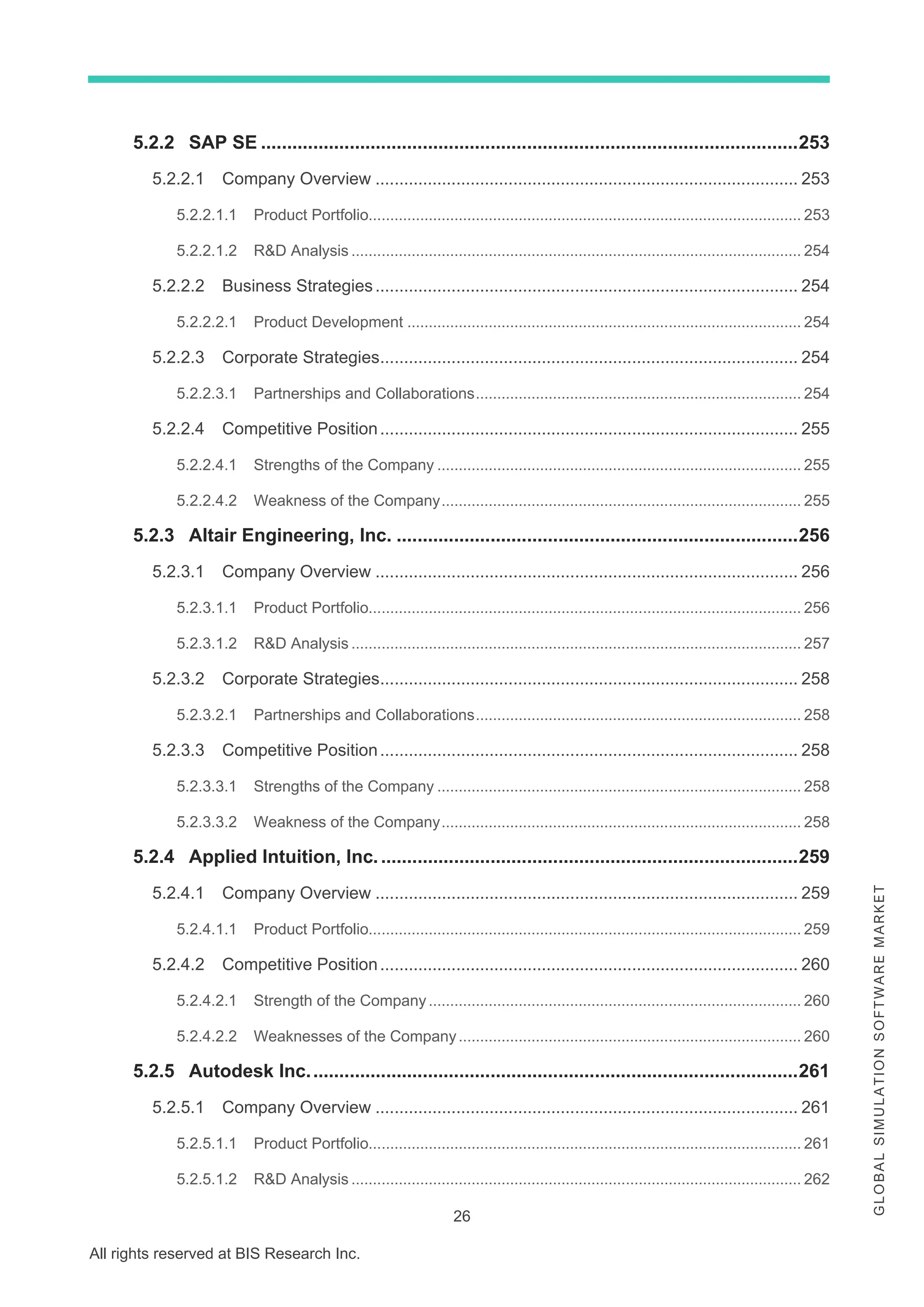 26
All rights reserved at BIS Research Inc.
G
L
O
B
A
L
S
I
M
U
L
A
T
I
O
N
S
O
F
T
W
A
R
E
M
A
R
K
E
T
5.2.2 SAP SE .......................................................................................................253
5.2.2.1 Company Overview ......................................................................................... 253
5.2.2.1.1 Product Portfolio..................................................................................................... 253
5.2.2.1.2 R&D Analysis ......................................................................................................... 254
5.2.2.2 Business Strategies......................................................................................... 254
5.2.2.2.1 Product Development ............................................................................................ 254
5.2.2.3 Corporate Strategies........................................................................................ 254
5.2.2.3.1 Partnerships and Collaborations............................................................................ 254
5.2.2.4 Competitive Position........................................................................................ 255
5.2.2.4.1 Strengths of the Company ..................................................................................... 255
5.2.2.4.2 Weakness of the Company.................................................................................... 255
5.2.3 Altair Engineering, Inc. .............................................................................256
5.2.3.1 Company Overview ......................................................................................... 256
5.2.3.1.1 Product Portfolio..................................................................................................... 256
5.2.3.1.2 R&D Analysis ......................................................................................................... 257
5.2.3.2 Corporate Strategies........................................................................................ 258
5.2.3.2.1 Partnerships and Collaborations............................................................................ 258
5.2.3.3 Competitive Position........................................................................................ 258
5.2.3.3.1 Strengths of the Company ..................................................................................... 258
5.2.3.3.2 Weakness of the Company.................................................................................... 258
5.2.4 Applied Intuition, Inc.................................................................................259
5.2.4.1 Company Overview ......................................................................................... 259
5.2.4.1.1 Product Portfolio..................................................................................................... 259
5.2.4.2 Competitive Position........................................................................................ 260
5.2.4.2.1 Strength of the Company....................................................................................... 260
5.2.4.2.2 Weaknesses of the Company................................................................................ 260
5.2.5 Autodesk Inc..............................................................................................261
5.2.5.1 Company Overview ......................................................................................... 261
5.2.5.1.1 Product Portfolio..................................................................................................... 261
5.2.5.1.2 R&D Analysis ......................................................................................................... 262
 