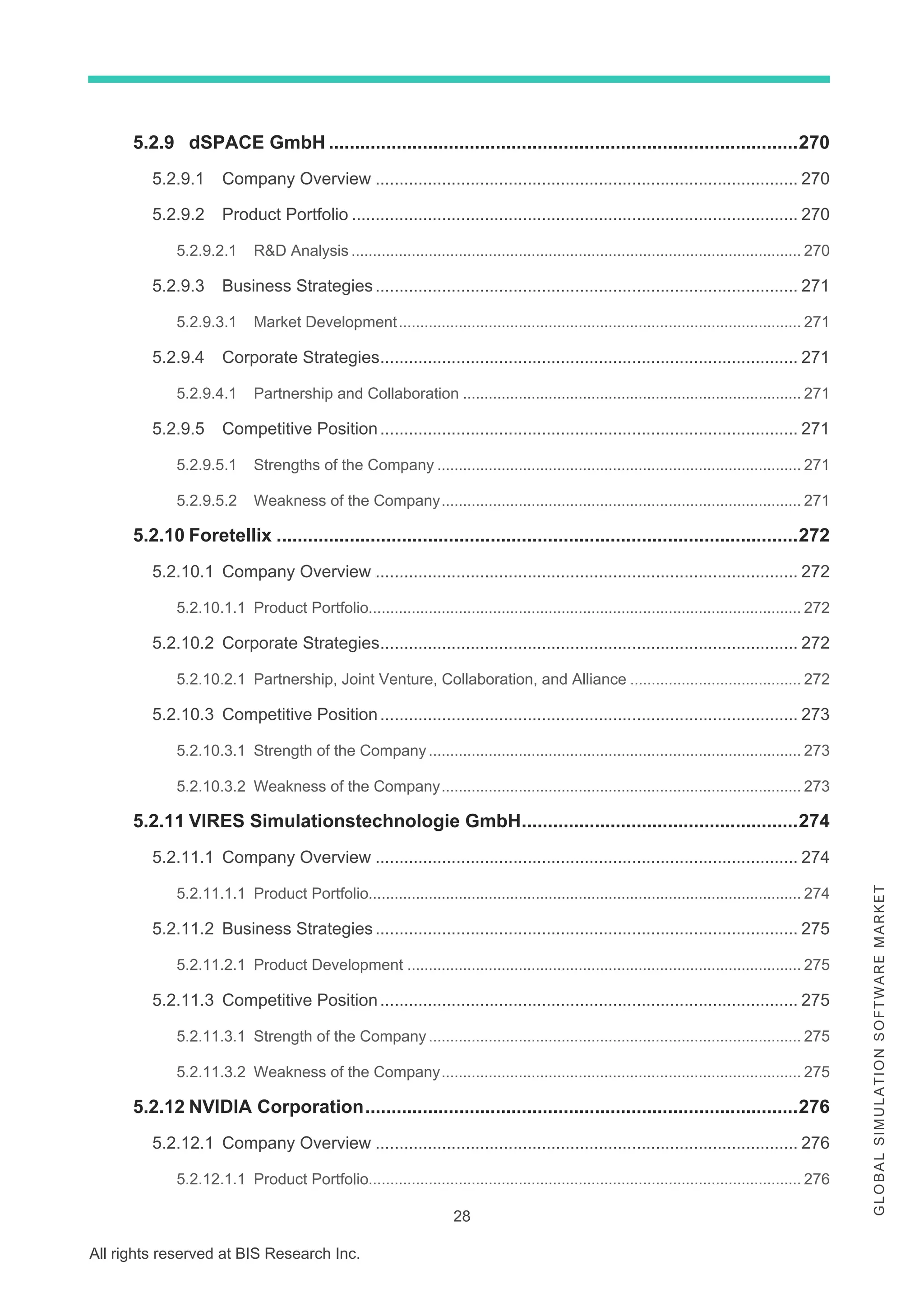 28
All rights reserved at BIS Research Inc.
G
L
O
B
A
L
S
I
M
U
L
A
T
I
O
N
S
O
F
T
W
A
R
E
M
A
R
K
E
T
5.2.9 dSPACE GmbH ..........................................................................................270
5.2.9.1 Company Overview ......................................................................................... 270
5.2.9.2 Product Portfolio .............................................................................................. 270
5.2.9.2.1 R&D Analysis ......................................................................................................... 270
5.2.9.3 Business Strategies......................................................................................... 271
5.2.9.3.1 Market Development.............................................................................................. 271
5.2.9.4 Corporate Strategies........................................................................................ 271
5.2.9.4.1 Partnership and Collaboration ............................................................................... 271
5.2.9.5 Competitive Position........................................................................................ 271
5.2.9.5.1 Strengths of the Company ..................................................................................... 271
5.2.9.5.2 Weakness of the Company.................................................................................... 271
5.2.10 Foretellix ....................................................................................................272
5.2.10.1 Company Overview ......................................................................................... 272
5.2.10.1.1 Product Portfolio..................................................................................................... 272
5.2.10.2 Corporate Strategies........................................................................................ 272
5.2.10.2.1 Partnership, Joint Venture, Collaboration, and Alliance ........................................ 272
5.2.10.3 Competitive Position........................................................................................ 273
5.2.10.3.1 Strength of the Company....................................................................................... 273
5.2.10.3.2 Weakness of the Company.................................................................................... 273
5.2.11 VIRES Simulationstechnologie GmbH.....................................................274
5.2.11.1 Company Overview ......................................................................................... 274
5.2.11.1.1 Product Portfolio..................................................................................................... 274
5.2.11.2 Business Strategies......................................................................................... 275
5.2.11.2.1 Product Development ............................................................................................ 275
5.2.11.3 Competitive Position........................................................................................ 275
5.2.11.3.1 Strength of the Company....................................................................................... 275
5.2.11.3.2 Weakness of the Company.................................................................................... 275
5.2.12 NVIDIA Corporation...................................................................................276
5.2.12.1 Company Overview ......................................................................................... 276
5.2.12.1.1 Product Portfolio..................................................................................................... 276
 