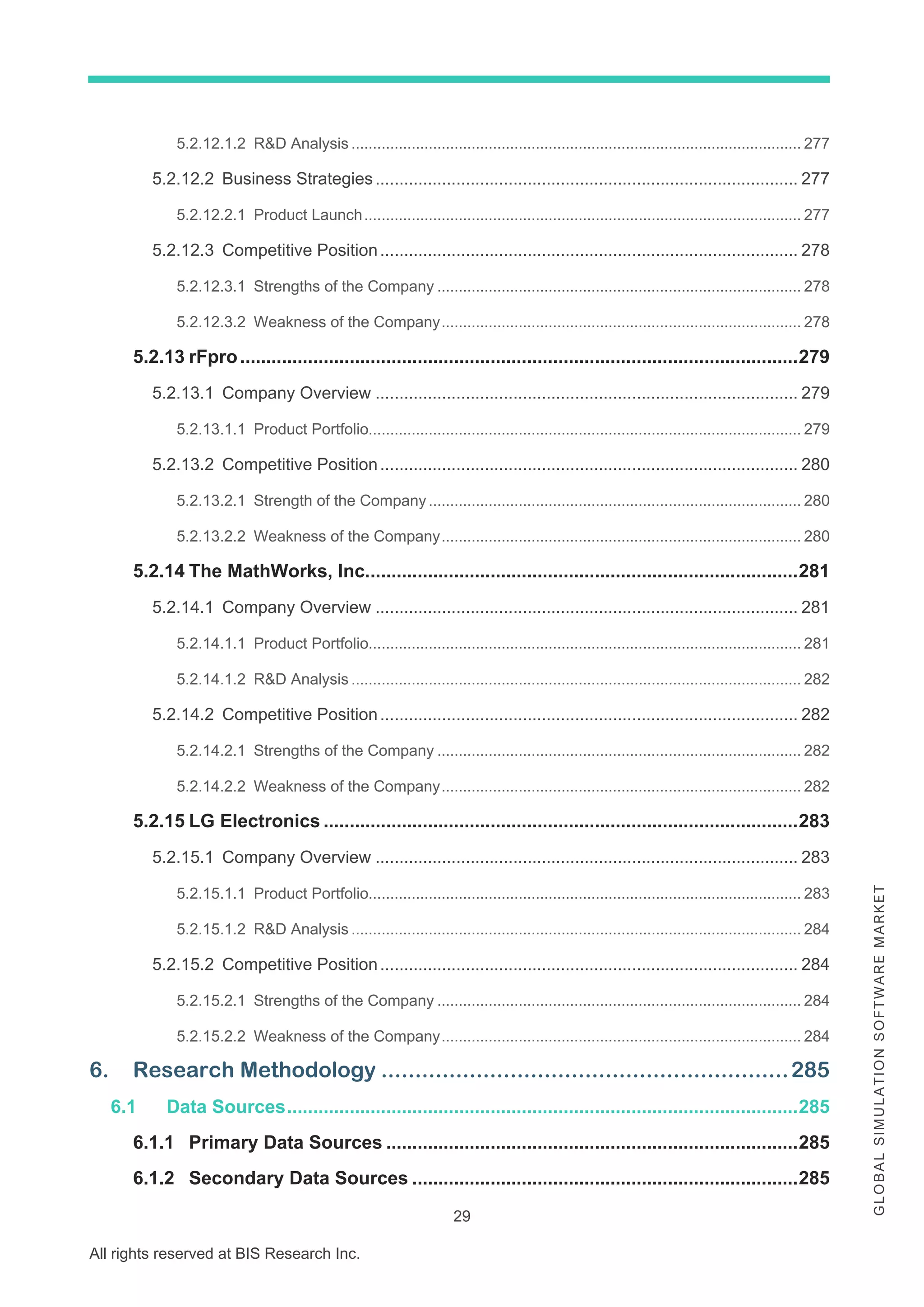 29
All rights reserved at BIS Research Inc.
G
L
O
B
A
L
S
I
M
U
L
A
T
I
O
N
S
O
F
T
W
A
R
E
M
A
R
K
E
T
5.2.12.1.2 R&D Analysis ......................................................................................................... 277
5.2.12.2 Business Strategies......................................................................................... 277
5.2.12.2.1 Product Launch...................................................................................................... 277
5.2.12.3 Competitive Position........................................................................................ 278
5.2.12.3.1 Strengths of the Company ..................................................................................... 278
5.2.12.3.2 Weakness of the Company.................................................................................... 278
5.2.13 rFpro...........................................................................................................279
5.2.13.1 Company Overview ......................................................................................... 279
5.2.13.1.1 Product Portfolio..................................................................................................... 279
5.2.13.2 Competitive Position........................................................................................ 280
5.2.13.2.1 Strength of the Company....................................................................................... 280
5.2.13.2.2 Weakness of the Company.................................................................................... 280
5.2.14 The MathWorks, Inc...................................................................................281
5.2.14.1 Company Overview ......................................................................................... 281
5.2.14.1.1 Product Portfolio..................................................................................................... 281
5.2.14.1.2 R&D Analysis ......................................................................................................... 282
5.2.14.2 Competitive Position........................................................................................ 282
5.2.14.2.1 Strengths of the Company ..................................................................................... 282
5.2.14.2.2 Weakness of the Company.................................................................................... 282
5.2.15 LG Electronics ...........................................................................................283
5.2.15.1 Company Overview ......................................................................................... 283
5.2.15.1.1 Product Portfolio..................................................................................................... 283
5.2.15.1.2 R&D Analysis ......................................................................................................... 284
5.2.15.2 Competitive Position........................................................................................ 284
5.2.15.2.1 Strengths of the Company ..................................................................................... 284
5.2.15.2.2 Weakness of the Company.................................................................................... 284
6. Research Methodology ............................................................285
6.1 Data Sources..................................................................................................285
6.1.1 Primary Data Sources ...............................................................................285
6.1.2 Secondary Data Sources ..........................................................................285
 