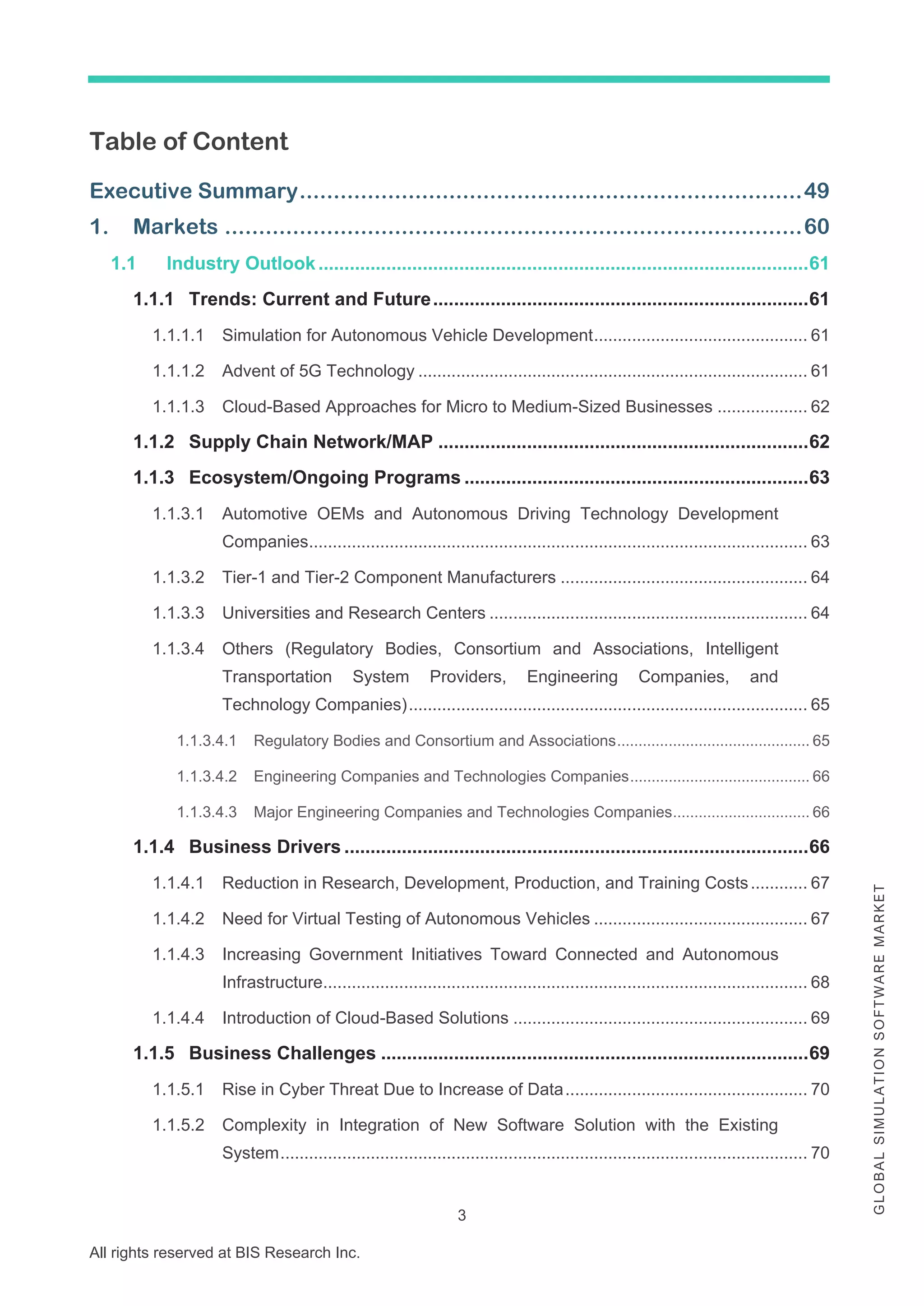 3
All rights reserved at BIS Research Inc.
G
L
O
B
A
L
S
I
M
U
L
A
T
I
O
N
S
O
F
T
W
A
R
E
M
A
R
K
E
T
Table of Content
Executive Summary..........................................................................49
1. Markets .....................................................................................60
1.1 Industry Outlook..............................................................................................61
1.1.1 Trends: Current and Future........................................................................61
1.1.1.1 Simulation for Autonomous Vehicle Development............................................. 61
1.1.1.2 Advent of 5G Technology .................................................................................. 61
1.1.1.3 Cloud-Based Approaches for Micro to Medium-Sized Businesses ................... 62
1.1.2 Supply Chain Network/MAP .......................................................................62
1.1.3 Ecosystem/Ongoing Programs ..................................................................63
1.1.3.1 Automotive OEMs and Autonomous Driving Technology Development
Companies......................................................................................................... 63
1.1.3.2 Tier-1 and Tier-2 Component Manufacturers .................................................... 64
1.1.3.3 Universities and Research Centers ................................................................... 64
1.1.3.4 Others (Regulatory Bodies, Consortium and Associations, Intelligent
Transportation System Providers, Engineering Companies, and
Technology Companies).................................................................................... 65
1.1.3.4.1 Regulatory Bodies and Consortium and Associations............................................. 65
1.1.3.4.2 Engineering Companies and Technologies Companies.......................................... 66
1.1.3.4.3 Major Engineering Companies and Technologies Companies................................ 66
1.1.4 Business Drivers .........................................................................................66
1.1.4.1 Reduction in Research, Development, Production, and Training Costs............ 67
1.1.4.2 Need for Virtual Testing of Autonomous Vehicles ............................................. 67
1.1.4.3 Increasing Government Initiatives Toward Connected and Autonomous
Infrastructure...................................................................................................... 68
1.1.4.4 Introduction of Cloud-Based Solutions .............................................................. 69
1.1.5 Business Challenges ..................................................................................69
1.1.5.1 Rise in Cyber Threat Due to Increase of Data................................................... 70
1.1.5.2 Complexity in Integration of New Software Solution with the Existing
System............................................................................................................... 70
 