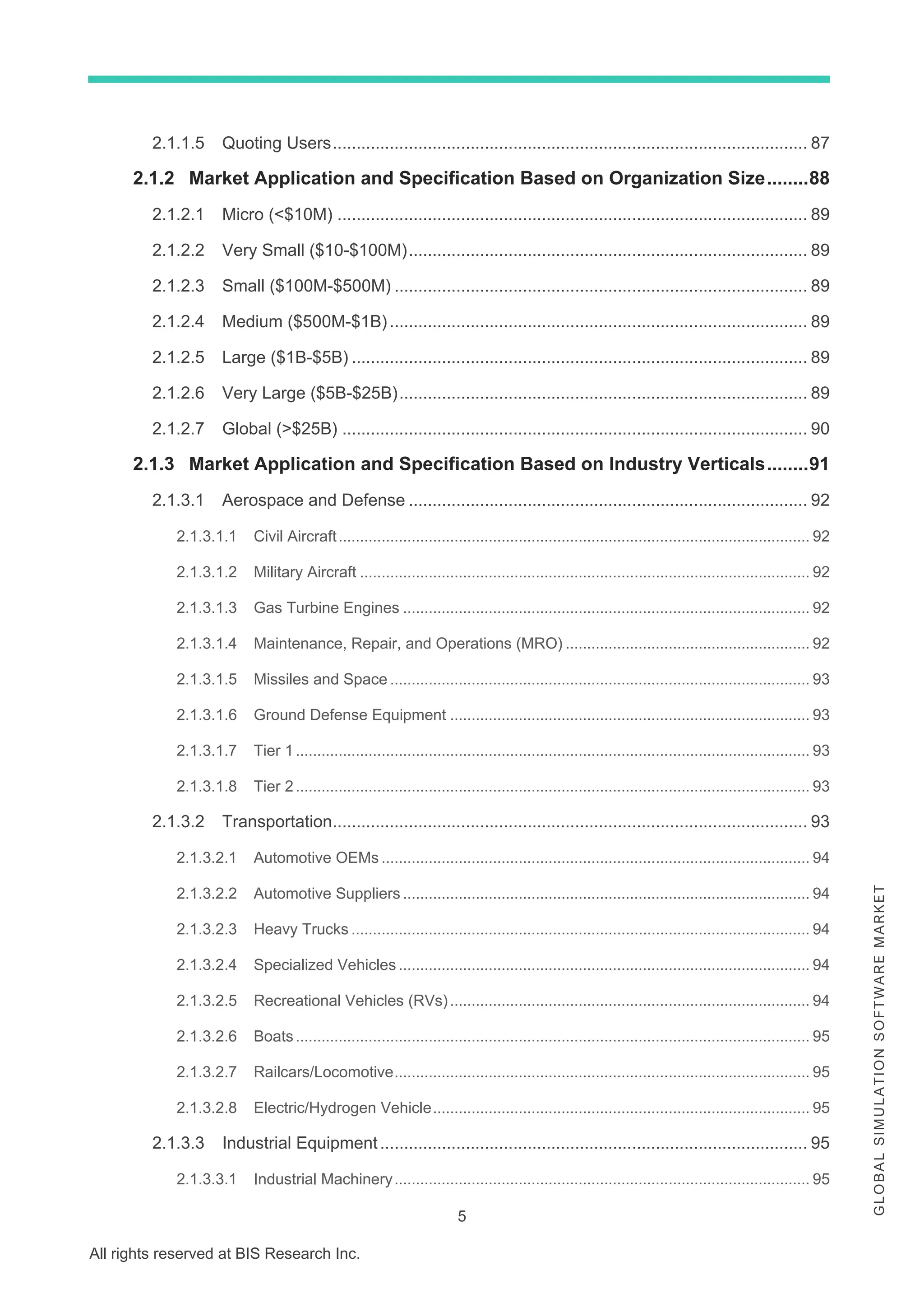 5
All rights reserved at BIS Research Inc.
G
L
O
B
A
L
S
I
M
U
L
A
T
I
O
N
S
O
F
T
W
A
R
E
M
A
R
K
E
T
2.1.1.5 Quoting Users.................................................................................................... 87
2.1.2 Market Application and Specification Based on Organization Size........88
2.1.2.1 Micro (<$10M) ................................................................................................... 89
2.1.2.2 Very Small ($10-$100M).................................................................................... 89
2.1.2.3 Small ($100M-$500M) ....................................................................................... 89
2.1.2.4 Medium ($500M-$1B)........................................................................................ 89
2.1.2.5 Large ($1B-$5B) ................................................................................................ 89
2.1.2.6 Very Large ($5B-$25B)...................................................................................... 89
2.1.2.7 Global (>$25B) .................................................................................................. 90
2.1.3 Market Application and Specification Based on Industry Verticals........91
2.1.3.1 Aerospace and Defense .................................................................................... 92
2.1.3.1.1 Civil Aircraft.............................................................................................................. 92
2.1.3.1.2 Military Aircraft ......................................................................................................... 92
2.1.3.1.3 Gas Turbine Engines ............................................................................................... 92
2.1.3.1.4 Maintenance, Repair, and Operations (MRO) ......................................................... 92
2.1.3.1.5 Missiles and Space .................................................................................................. 93
2.1.3.1.6 Ground Defense Equipment .................................................................................... 93
2.1.3.1.7 Tier 1........................................................................................................................ 93
2.1.3.1.8 Tier 2........................................................................................................................ 93
2.1.3.2 Transportation.................................................................................................... 93
2.1.3.2.1 Automotive OEMs .................................................................................................... 94
2.1.3.2.2 Automotive Suppliers ............................................................................................... 94
2.1.3.2.3 Heavy Trucks ........................................................................................................... 94
2.1.3.2.4 Specialized Vehicles................................................................................................ 94
2.1.3.2.5 Recreational Vehicles (RVs).................................................................................... 94
2.1.3.2.6 Boats........................................................................................................................ 95
2.1.3.2.7 Railcars/Locomotive................................................................................................. 95
2.1.3.2.8 Electric/Hydrogen Vehicle........................................................................................ 95
2.1.3.3 Industrial Equipment.......................................................................................... 95
2.1.3.3.1 Industrial Machinery................................................................................................. 95
 