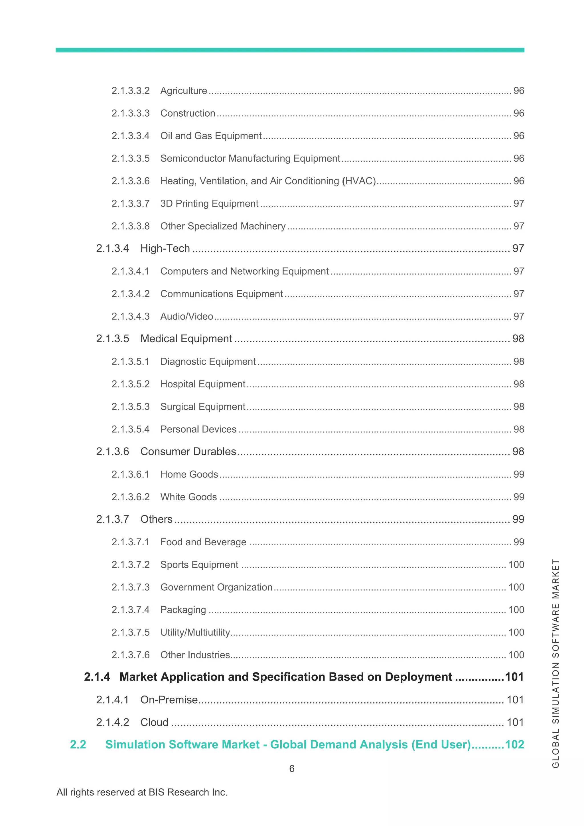 6
All rights reserved at BIS Research Inc.
G
L
O
B
A
L
S
I
M
U
L
A
T
I
O
N
S
O
F
T
W
A
R
E
M
A
R
K
E
T
2.1.3.3.2 Agriculture................................................................................................................ 96
2.1.3.3.3 Construction............................................................................................................. 96
2.1.3.3.4 Oil and Gas Equipment............................................................................................ 96
2.1.3.3.5 Semiconductor Manufacturing Equipment............................................................... 96
2.1.3.3.6 Heating, Ventilation, and Air Conditioning (HVAC).................................................. 96
2.1.3.3.7 3D Printing Equipment............................................................................................. 97
2.1.3.3.8 Other Specialized Machinery................................................................................... 97
2.1.3.4 High-Tech .......................................................................................................... 97
2.1.3.4.1 Computers and Networking Equipment ................................................................... 97
2.1.3.4.2 Communications Equipment.................................................................................... 97
2.1.3.4.3 Audio/Video.............................................................................................................. 97
2.1.3.5 Medical Equipment ............................................................................................ 98
2.1.3.5.1 Diagnostic Equipment.............................................................................................. 98
2.1.3.5.2 Hospital Equipment.................................................................................................. 98
2.1.3.5.3 Surgical Equipment.................................................................................................. 98
2.1.3.5.4 Personal Devices ..................................................................................................... 98
2.1.3.6 Consumer Durables........................................................................................... 98
2.1.3.6.1 Home Goods............................................................................................................ 99
2.1.3.6.2 White Goods ............................................................................................................ 99
2.1.3.7 Others................................................................................................................ 99
2.1.3.7.1 Food and Beverage ................................................................................................. 99
2.1.3.7.2 Sports Equipment .................................................................................................. 100
2.1.3.7.3 Government Organization...................................................................................... 100
2.1.3.7.4 Packaging .............................................................................................................. 100
2.1.3.7.5 Utility/Multiutility...................................................................................................... 100
2.1.3.7.6 Other Industries...................................................................................................... 100
2.1.4 Market Application and Specification Based on Deployment ...............101
2.1.4.1 On-Premise...................................................................................................... 101
2.1.4.2 Cloud ............................................................................................................... 101
2.2 Simulation Software Market - Global Demand Analysis (End User)..........102
 
