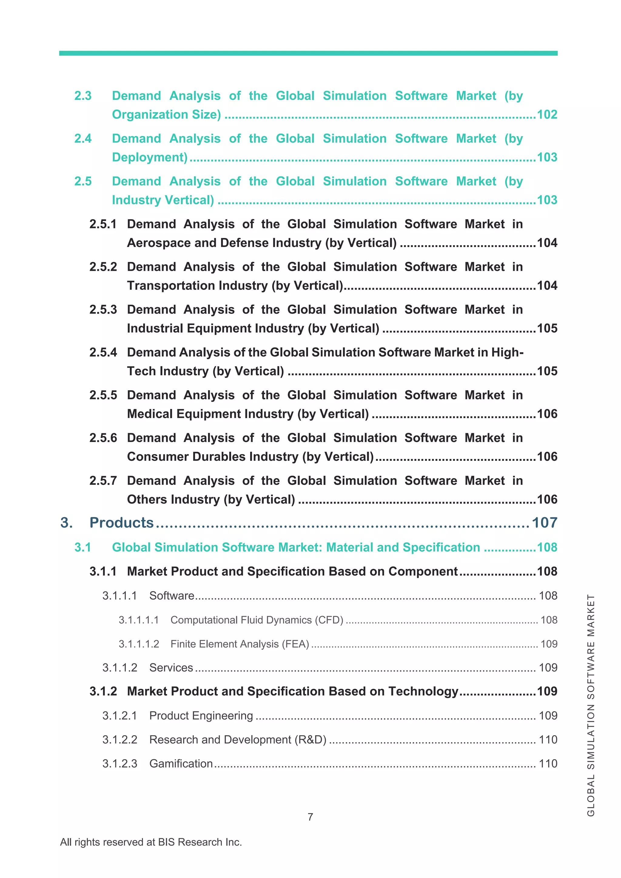 7
All rights reserved at BIS Research Inc.
G
L
O
B
A
L
S
I
M
U
L
A
T
I
O
N
S
O
F
T
W
A
R
E
M
A
R
K
E
T
2.3 Demand Analysis of the Global Simulation Software Market (by
Organization Size) .........................................................................................102
2.4 Demand Analysis of the Global Simulation Software Market (by
Deployment)...................................................................................................103
2.5 Demand Analysis of the Global Simulation Software Market (by
Industry Vertical) ...........................................................................................103
2.5.1 Demand Analysis of the Global Simulation Software Market in
Aerospace and Defense Industry (by Vertical) .......................................104
2.5.2 Demand Analysis of the Global Simulation Software Market in
Transportation Industry (by Vertical).......................................................104
2.5.3 Demand Analysis of the Global Simulation Software Market in
Industrial Equipment Industry (by Vertical) ............................................105
2.5.4 Demand Analysis of the Global Simulation Software Market in High-
Tech Industry (by Vertical) .......................................................................105
2.5.5 Demand Analysis of the Global Simulation Software Market in
Medical Equipment Industry (by Vertical) ...............................................106
2.5.6 Demand Analysis of the Global Simulation Software Market in
Consumer Durables Industry (by Vertical)..............................................106
2.5.7 Demand Analysis of the Global Simulation Software Market in
Others Industry (by Vertical) ....................................................................106
3. Products..................................................................................107
3.1 Global Simulation Software Market: Material and Specification ...............108
3.1.1 Market Product and Specification Based on Component......................108
3.1.1.1 Software........................................................................................................... 108
3.1.1.1.1 Computational Fluid Dynamics (CFD) ................................................................... 108
3.1.1.1.2 Finite Element Analysis (FEA) ............................................................................... 109
3.1.1.2 Services........................................................................................................... 109
3.1.2 Market Product and Specification Based on Technology......................109
3.1.2.1 Product Engineering ........................................................................................ 109
3.1.2.2 Research and Development (R&D) ................................................................. 110
3.1.2.3 Gamification..................................................................................................... 110
 