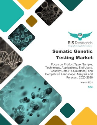 Somatic Genetic
Testing Market
Focus on Product Type, Sample,
Technology, Applications, End Users,
Country Data (15 Countries), and
Competitive Landscape: Analysis and
Forecast: 2020-2030
March 2021
TOC
Analysis and Forecast: 2018-2023
 
