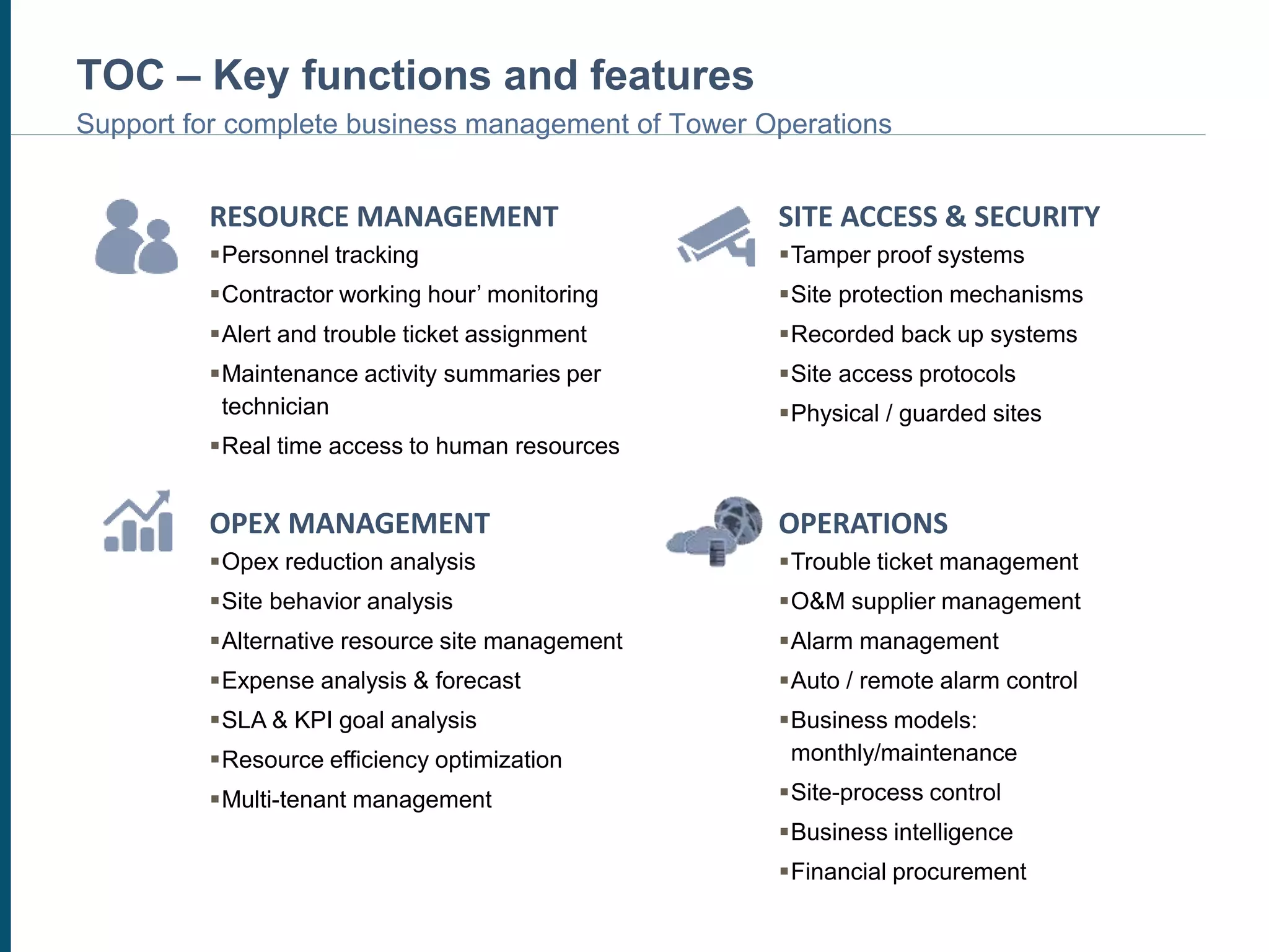 TOC – Key functions and features
Support for complete business management of Tower Operations
RESOURCE MANAGEMENT
Personnel tracking
Contractor working hour’ monitoring
Alert and trouble ticket assignment
Maintenance activity summaries per
technician
Real time access to human resources
SITE ACCESS & SECURITY
Tamper proof systems
Site protection mechanisms
Recorded back up systems
Site access protocols
Physical / guarded sites
OPEX MANAGEMENT
Opex reduction analysis
Site behavior analysis
Alternative resource site management
Expense analysis & forecast
SLA & KPI goal analysis
Resource efficiency optimization
Multi-tenant management
OPERATIONS
Trouble ticket management
O&M supplier management
Alarm management
Auto / remote alarm control
Business models:
monthly/maintenance
Site-process control
Business intelligence
Financial procurement
 