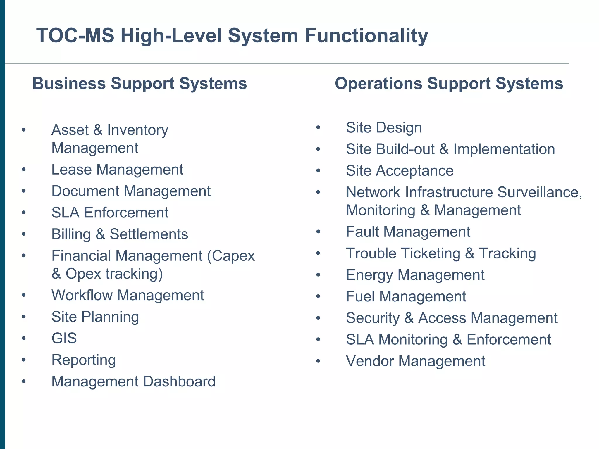 HIGH LEVEL SYSTEMS FUNCTIONALITY
Business Support Systems
• Asset & Inventory
Management
• Lease Management
• Document Management
• SLA Enforcement
• Billing & Settlements
• Financial Management (Capex
& Opex tracking)
• Workflow Management
• Site Planning
• GIS
• Reporting
• Management Dashboard
Operations Support Systems
• Site Design
• Site Build-out & Implementation
• Site Acceptance
• Network Infrastructure Surveillance,
Monitoring & Management
• Fault Management
• Trouble Ticketing & Tracking
• Energy Management
• Fuel Management
• Security & Access Management
• SLA Monitoring & Enforcement
• Vendor Management
TOC-MS High-Level System Functionality
 