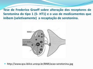 Tese de Frederico Graeff sobre alteração dos receptores de
Serotonina do tipo 1 (5- HT1) e o uso de medicamentos que
inibem (seletivamente) a recaptação de serotonina.




 http://www.qca.ibilce.unesp.br/BNR/acao-serotonina.jpg
 