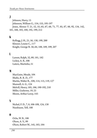 298
Tocado por Nossos Sentimentos
J
Johnson, Harry, 15
Johnsson, William G., 154, 155, 195-197
Jones, Alonzo T. 21, 52, 55,-65, 67, 68, 71, 77, 85, 87, 88, 92, 134, 142,
161, 166, 183, 188, 192, 199, 212
K
Kellogg, J. H., 21, 56, 130, 199, 200
Kleuser, Louise C., 117
Knight, George R. 56, 64, 188, 189, 199, 207
L
Larson, Ralph, 32, 89, 181, 182
Lickey, A. B., 106
Lutero, Martinho, 51
M
MacGuire, Meade, 104
Marks, R. R. D., 177
Martin, Walter R., 108, 114, 115, 119, 127
Maxwell, A. G., 124
Melvill, Henry, 185, 186, 190-192, 210
Miller, Guilerme, 19, 23
Moore, Arthur Leroy, 143
N
Nichol, F. D., 7, 8, 106-108, 124, 138
Nussbaum, Tell, 100
O
Ochs, W. B., 106
Olson, A. V., 99
Olson, Robert W., 145, 183, 184
 