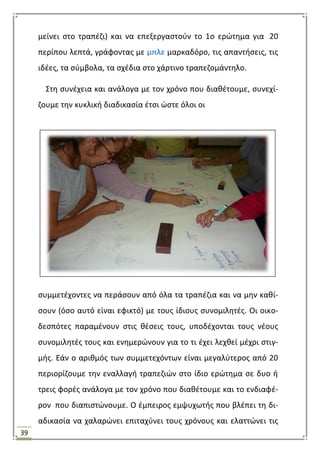 39
μείνει ςτο τραπζηι) και να επεξεργαςτοφν το 1ο ερϊτθμα για 20
περίπου λεπτά, γράφοντασ με μπλε μαρκαδόρο, τισ απαντιςεισ, τισ
ιδζεσ, τα ςφμβολα, τα ςχζδια ςτο χάρτινο τραπεηομάντθλο.
΢τθ ςυνζχεια και ανάλογα με τον χρόνο που διακζτουμε, ςυνεχί-
ηουμε τθν κυκλικι διαδικαςία ζτςι ϊςτε όλοι οι
ςυμμετζχοντεσ να περάςουν από όλα τα τραπζηια και να μθν κακί-
ςουν (όςο αυτό είναι εφικτό) με τουσ ίδιουσ ςυνομιλθτζσ. Οι οικο-
δεςπότεσ παραμζνουν ςτισ κζςεισ τουσ, υποδζχονται τουσ νζουσ
ςυνομιλθτζσ τουσ και ενθμερϊνουν για το τι ζχει λεχκεί μζχρι ςτιγ-
μισ. Εάν ο αρικμόσ των ςυμμετεχόντων είναι μεγαλφτεροσ από 20
περιορίηουμε τθν εναλλαγι τραπεηιϊν ςτο ίδιο ερϊτθμα ςε δυο ι
τρεισ φορζσ ανάλογα με τον χρόνο που διακζτουμε και το ενδιαφζ-
ρον που διαπιςτϊνουμε. Ο ζμπειροσ εμψυχωτισ που βλζπει τθ δι-
αδικαςία να χαλαρϊνει επιταχφνει τουσ χρόνουσ και ελαττϊνει τισ
 