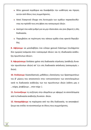57
Θζτει χρονικά περικϊρια και διαςφαλίηει τθν υιοκζτθςθ και τιρθςθ
αυτϊν από όλουσ τουσ ςυμμετζχοντεσ.
Αςκεί διακριτικό ζλεγχο ςτθ λειτουργία των ομάδων παρακολουκϊ-
ντασ τθν πρόοδό τουσ ςτθ φάςθ του καταιγιςμοφ ιδεϊν.
Διατθρεί ζνα καλό ρυκμό για να μθν πλατειάςει και γίνει βαρετι θ όλθ
διαδικαςία.
Παρεμβαίνει ςε περίπτωςθ που κάποια ομάδα είναι αρκετά κορυβϊ-
δθσ.
8. Αφινουμε να μεςολαβιςει ζνα εφλογο χρονικό διάςτθμα (τουλάχιςτον
δφο θμερϊν) ανάμεςα ςτον «καταιγιςμό ιδεϊν» και τθ «διαδικαςία ανάδει-
ξθσ πρωτότυπων ιδεϊν».
9. Αφιερϊνουμε διπλάςιο χρόνο ςτθ διαδικαςία ςφγκλιςθσ (ανάδειξθ δυνα-
τϊν πρωτότυπων ιδεϊν) απ’ ό,τι ςτθ διαδικαςία απόκλιςθσ (καταιγιςμόσ ι-
δεϊν).
10. Επιλζγουμε διαςκεδαςτικζσ μεκόδουσ υλοποίθςθσ των δραςτθριοτιτων
του β’ μζρουσ που αποςκοποφν ςτθν «οπτικοποίθςθ» των αποτελεςμάτων
κατά τθ διαδικαςία ανάδειξθσ των πιο πρωτότυπων ιδεϊν (κάλπθ μασ ο
...τοίχοσ, ψθφίηουμε … ςτον τοίχο ).
11. ΢υντονίηουμε τθ ςυηιτθςθ ςτθν ολομζλεια με αφορμι τα αποτελζςματα
από τθ διαδικαςία ανάδειξθσ δυνατϊν ιδεϊν.
12. Καταγράφουμε τα πορίςματα από τθν όλθ διαδικαςία, τα αποςαφθνί-
ηουμε και εντζλει τα κοινοποιοφμε ςε όλουσ τουσ ςυμμετζχοντεσ.
 