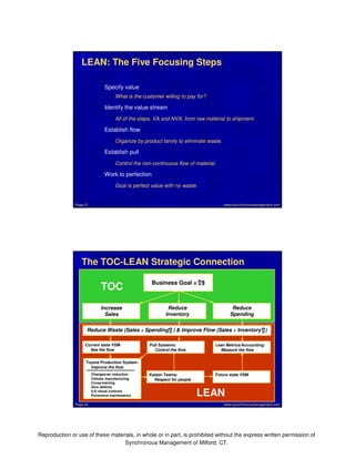 LEAN: The Five Focusing Steps 
Specify value 
What is the customer willing to pay for? 
Identify the value stream 
All of the steps, VA and NVA, from raw material to shipment. 
Establish flow 
Organize by product family to eliminate waste. 
Establish pull 
Control the non-continuous flow of material. 
Work to perfection 
Goal is perfect value with no waste. 
www.synchronousmanagement.Page 21 com 
The TOC-LEAN Strategic Connection 
Reduce Waste (Sales ÷ Spending ) & Improve Flow (Sales ÷ Inventory ) 
Lean Metrics/Accounting: 
Measure the flow 
LEAN 
Page 22 www.synchronousmanagement.com 
Reproduction or use of these materials, in whole or in part, is prohibited without the express written permission of 
Synchronous Management of Milford, CT. 
TOC 
Business Goal = $ 
Reduce 
Spending 
Reduce 
Inventory 
Increase 
Sales 
Kaizen Teams: 
Respect for people 
Future state VSM 
Current state VSM 
See the flow 
Pull Systems: 
Control the flow 
Toyota Production System: 
Improve the flow 
Changeover reduction 
Cellular manufacturing 
Cross-training 
Zero defects 
5-S visual controls 
Preventive maintenance 
 