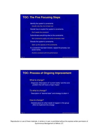 TOC: The Five Focusing Steps 
Identify the system’s constraints. 
Usually very few, but at least one 
Decide how to exploit the system’s constraints. 
Don’t waste the constraint 
Subordinate everything else to the constraints. 
Non-constraints supply only what constraints need 
Elevate the system’s constraints. 
Open up the capacity of the constraints 
If a constraint has been broken, repeat the process, but 
avoid inertia. 
Another constraint will limit performance 
www.synchronousmanagement.Page 13 com 
TOC: Process of Ongoing Improvement 
What to change? 
Diagnosis: Description of "current reality" and the core 
problem that will have a major impact 
To what to change? 
Description of “desired state” and strategy to attain it 
How to change? 
Detailed plans for what needs to happen in the group 
effort to implement the change 
Page 14 www.synchronousmanagement.com 
Reproduction or use of these materials, in whole or in part, is prohibited without the express written permission of 
Synchronous Management of Milford, CT. 
 