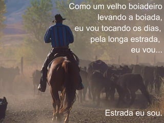 Como um velho boiadeiro levando a boiada, eu vou tocando os dias, pela longa estrada,  Estrada eu sou. eu vou... 