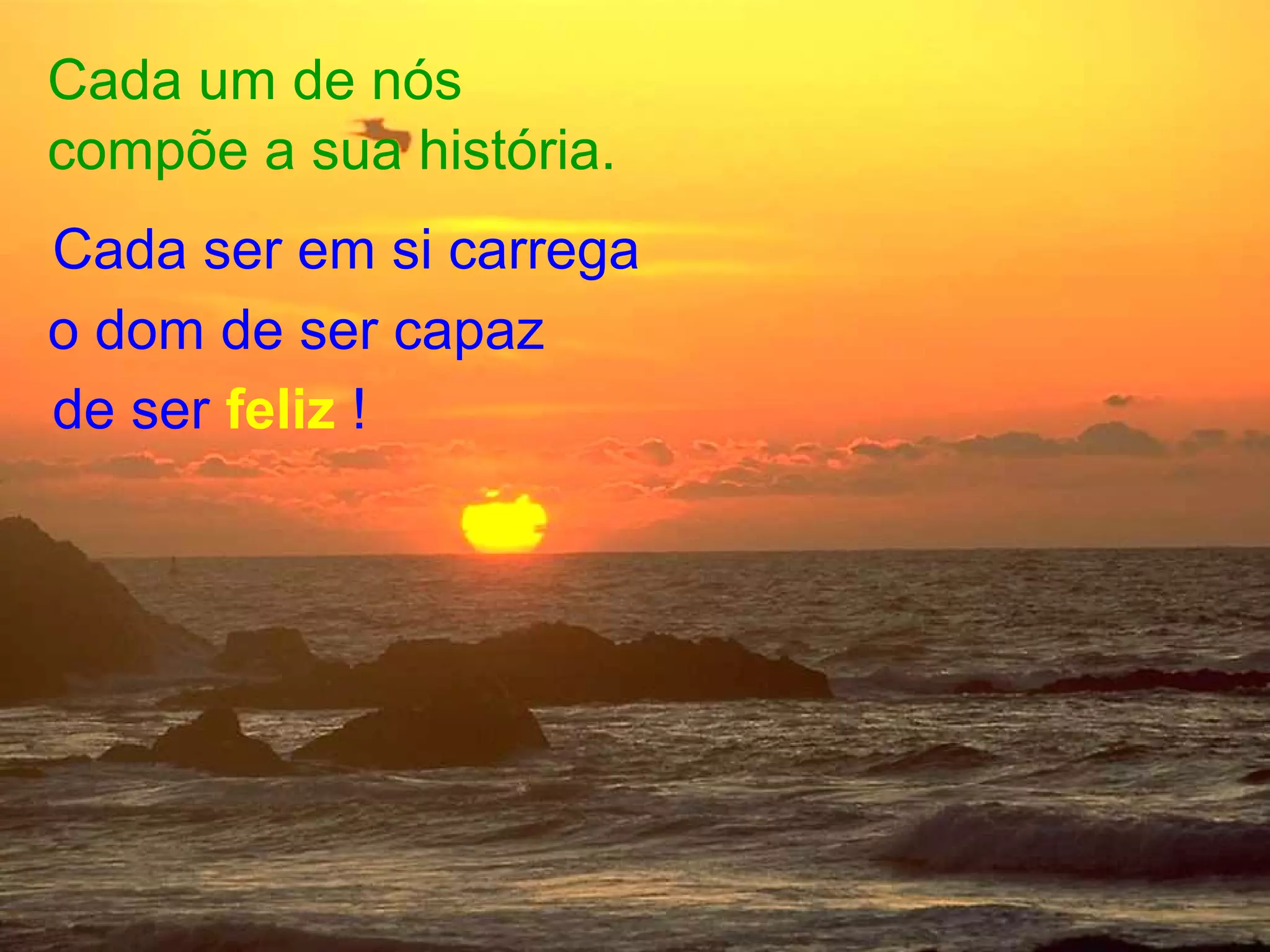 Cada um de nós
compõe a sua história.
Cada ser em si carrega
o dom de ser capaz
de ser feliz !
 
