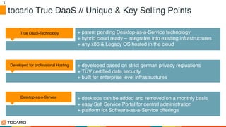 5	

tocario True DaaS // Unique & Key Selling Points!
True DaaS-Technology! + patent pending Desktop-as-a-Service technology!
+ hybrid cloud ready – integrates into existing infrastructures!
+ any x86 & Legacy OS hosted in the cloud!
Developed for professional Hosting! + developed based on strict german privacy regluations!
+ TÜV certiﬁed data security!
+ built for enterprise level infrastructures!
Desktop-as-a-Service! + desktops can be added and removed on a monthly basis!
+ easy Self Service Portal for central administration!
+ platform for Software-as-a-Service offerings!
 