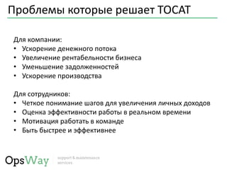 Проблемы которые решает TOCAT
Для компании:
• Ускорение денежного потока
• Увеличение рентабельности бизнеса
• Уменьшение задолженностей
• Ускорение производства
Для сотрудников:
• Четкое понимание шагов для увеличения личных доходов
• Оценка эффективности работы в реальном времени
• Мотивация работать в команде
• Быть быстрее и эффективнее
 