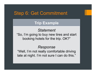 Step 6: Get Commitment
Trip Example
Statement
“So, I’m going to buy new tires and start
booking hotels for the trip. OK?”
Response
“Well, I’m not really comfortable driving
late at night. I’m not sure I can do this.”
 