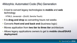 4Morphis: Automated Code (Re) Generation
• A tool to convert legacy technologies to mobile and web
technology
- HTML5, Javascript – (ExtJS, Sencha Touch)
• It is drag and drop so converting hours not weeks
• Converts front end and back end (business logic)
• Moves application from two tier to three tier architecture
• Allows legacy applications owners to get to mobile cloud/SAAS
deployment
 