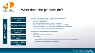What does the platform do?
Consumes an Oracle XML output file and constructs a traditional
3-tier web application architecture with:
• Sencha UI (Ext JS 6 Classic)
• Java Persistence Layer (Stored Procedure over JDBC)
• Oracle database (Generated API to hold existing customer PL/SQL)
• Conversion reporting for use in customer post-generation development
• Programmatic API access to customise generation process
Full Source code is provided across the three tiers:
• Database
• Middle tier persistence and services
• User interface
The resultant architecture components are developer-ready for post-generation
Feature-add and enhancements as required
OracleForm
Database API &
CRUD
Ext JS 6 Web App
Conversion
Reports
Java Persistence
Layer
Full Source Code
access
 