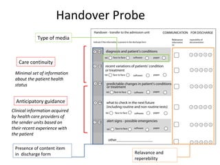 Handover Probe
             Type of media



   Care continuity
 Minimal set of information
 about the patient health
 status


  Anticipatory guidance
Clinical information acquired
by health care providers of
the sender units based on
their recent experience with
the patient

 Presence of content item
 in discharge form                Relavance and
                                  reperebility
 